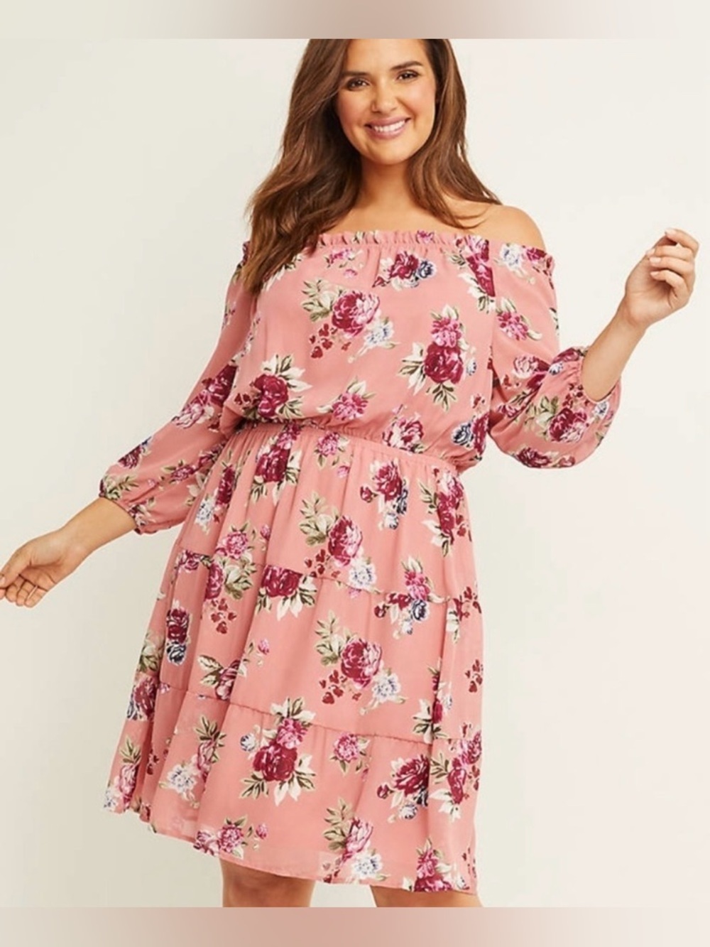 Lane Bryant Pink Floral One-Shoulder Tiered Dress